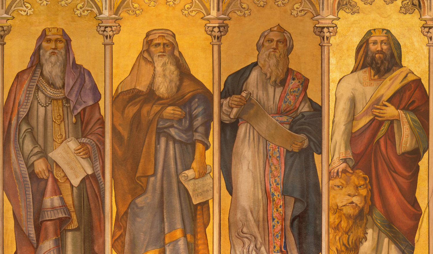 Trnava - The neo-gothic fresco of big prophets Isaiah, Jeremiah, Ezekiel, Daniel by Leopold Bruckner from end of 19. cent. in Saint Nicholas church.